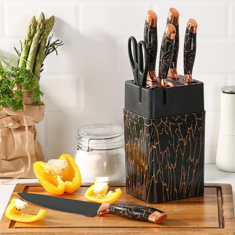 7-Piece Non-Stick Coated Knife Set with Elegant Marble Design & Acrylic Stand