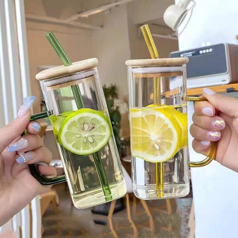 Square Glass Mug with Bamboo Lid & Straw  Clear Juice Tumbler with Colored Handle