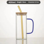 Square Glass Mug with Bamboo Lid & Straw  Clear Juice Tumbler with Colored Handle