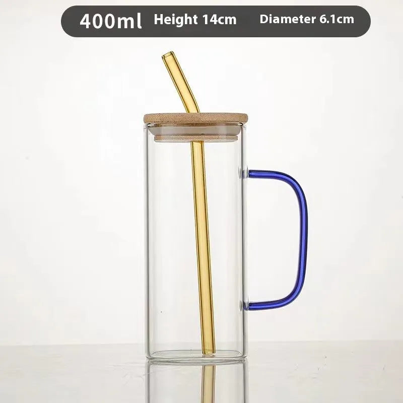 Square Glass Mug with Bamboo Lid & Straw  Clear Juice Tumbler with Colored Handle