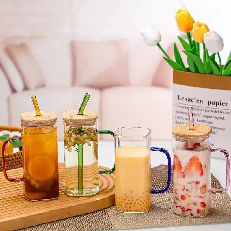 Square Glass Mug with Bamboo Lid & Straw  Clear Juice Tumbler with Colored Handle
