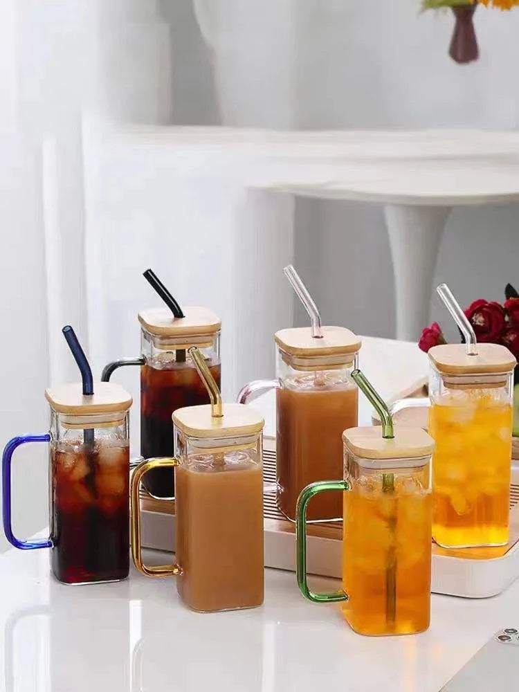 Square Glass Mug with Bamboo Lid & Straw  Clear Juice Tumbler with Colored Handle