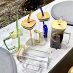 Square Glass Mug with Bamboo Lid & Straw  Clear Juice Tumbler with Colored Handle