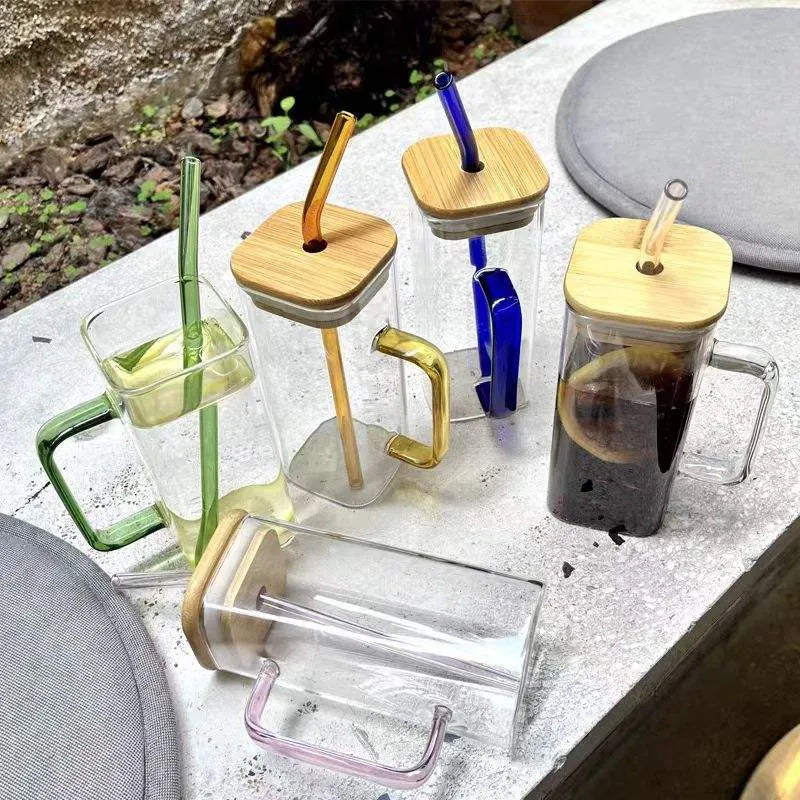 Square Glass Mug with Bamboo Lid & Straw  Clear Juice Tumbler with Colored Handle