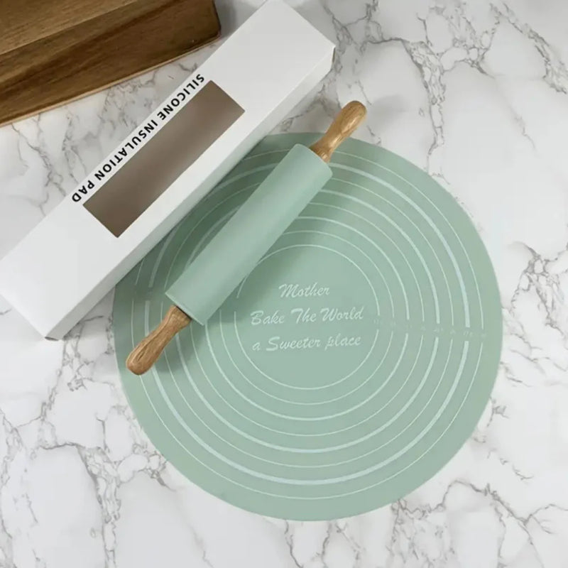 Silicone Rolling Pin & Kneading Pad Set – Non-Stick Pastry Mat with Measurement Guide