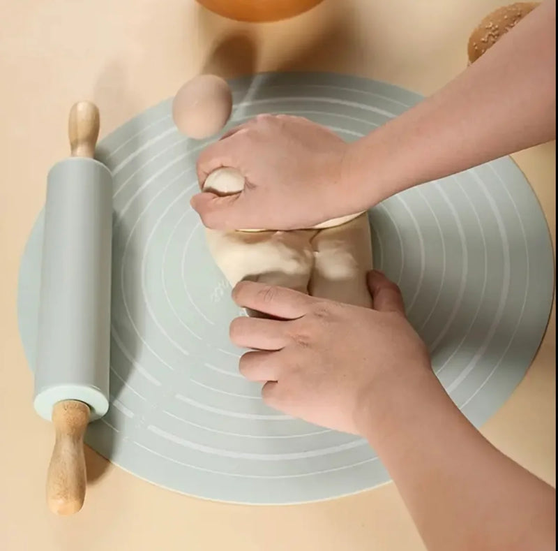 Silicone Rolling Pin & Kneading Pad Set – Non-Stick Pastry Mat with Measurement Guide