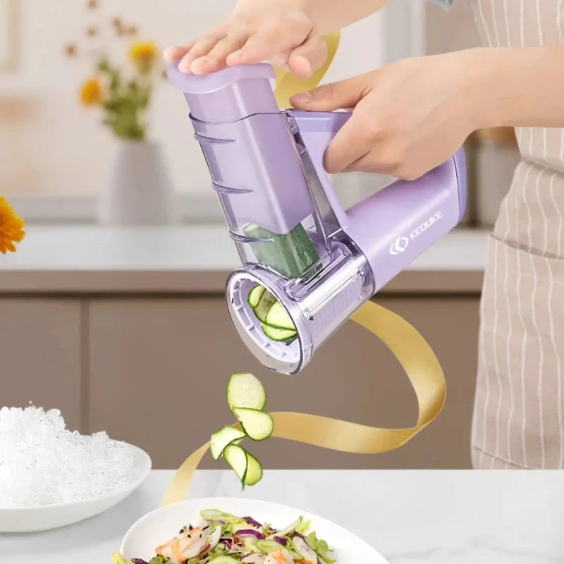 Multi-Functional Handheld Rotary Vegetable Slicer & Grater – 4-in-1 Manual Food Processor