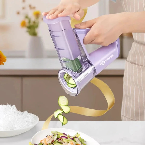 Multi-Functional Handheld Rotary Vegetable Slicer & Grater – 4-in-1 Manual Food Processor