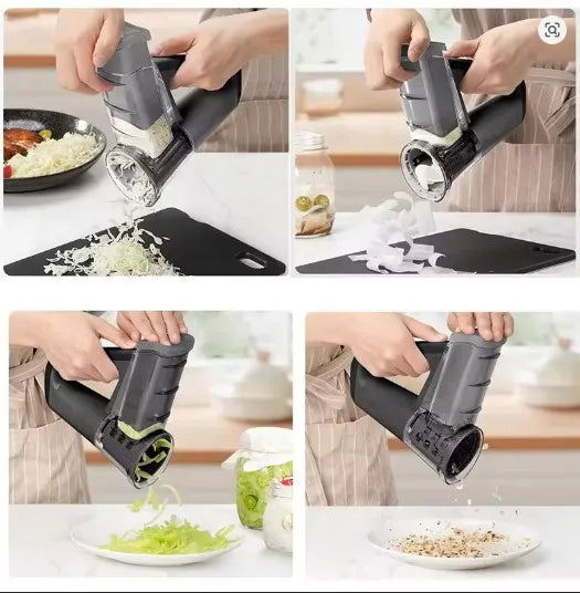 Multi-Functional Handheld Rotary Vegetable Slicer & Grater – 4-in-1 Manual Food Processor