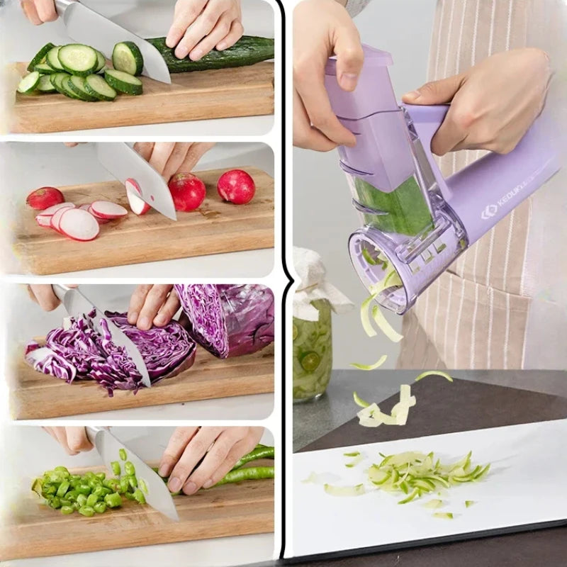 Multi-Functional Handheld Rotary Vegetable Slicer & Grater – 4-in-1 Manual Food Processor