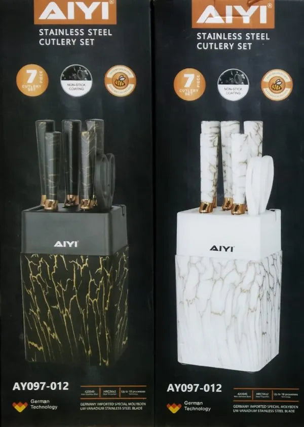7-Piece Non-Stick Coated Knife Set with Elegant Marble Design & Acrylic Stand