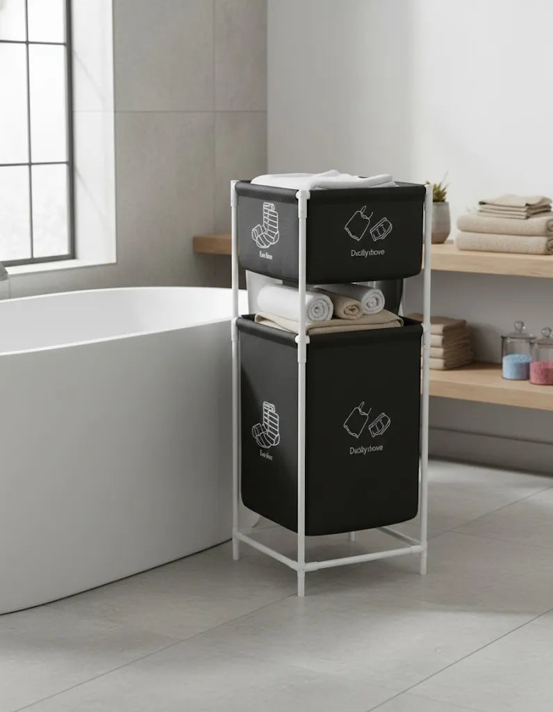2-Tier Minimalist Laundry Hamper & Organizer – Freestanding Fabric Storage Cart