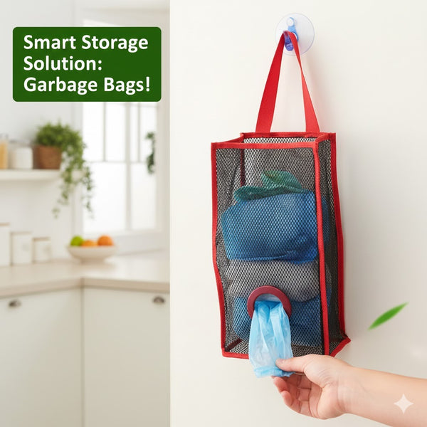 Wall-Mounted Mesh Garbage Bag Organizer – Smart Kitchen Storage Solution