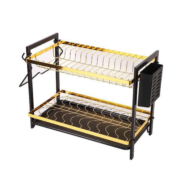 Premium 2-Tier Magnetic Steel Dish Rack – Luxury Gold & Black Edition