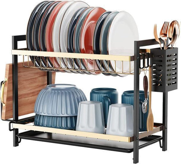 Premium 2-Tier Magnetic Steel Dish Rack – Luxury Gold & Black Edition