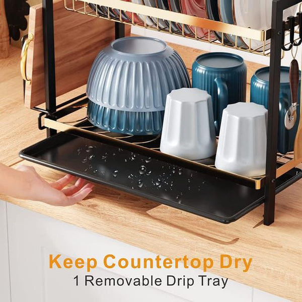 Premium 2-Tier Magnetic Steel Dish Rack – Luxury Gold & Black Edition