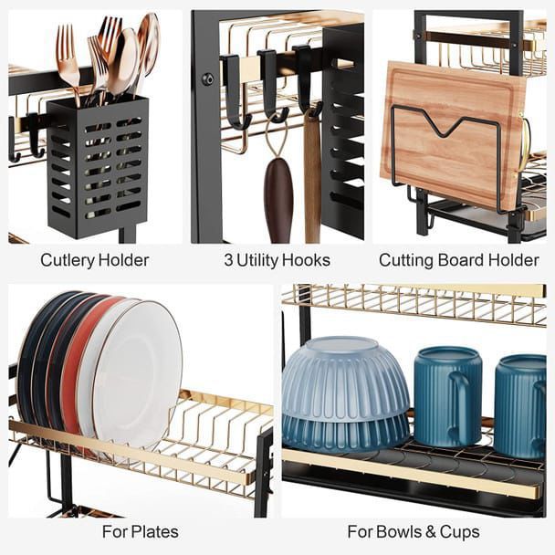 Premium 2-Tier Magnetic Steel Dish Rack – Luxury Gold & Black Edition