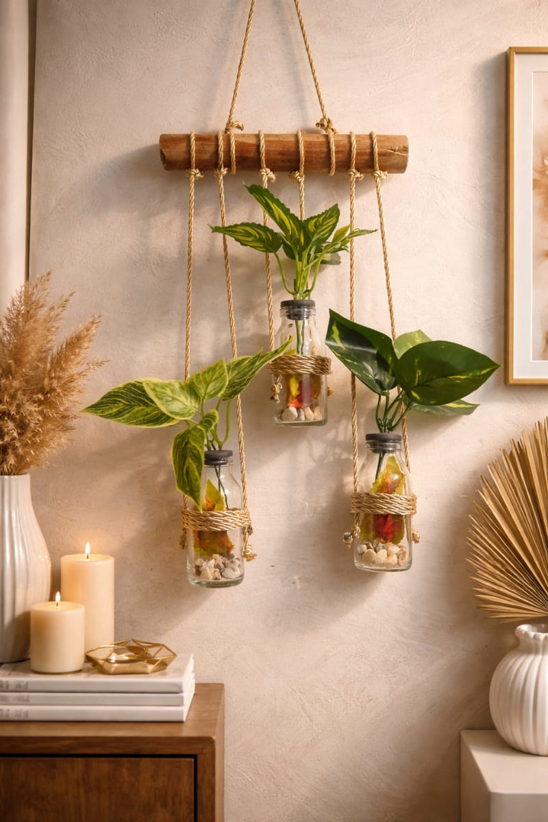 Wall Hanging Planter –  Glass Jars with wooden stick