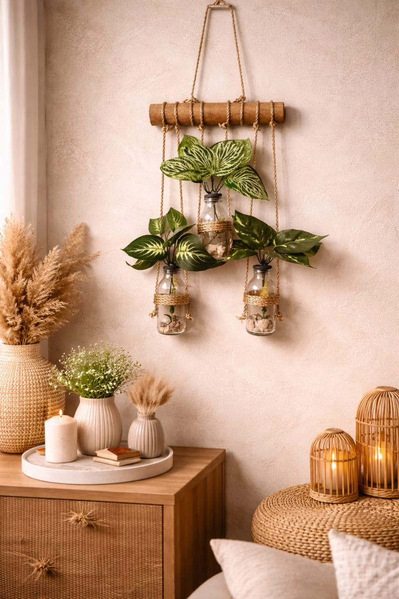 Wall Hanging Planter –  Glass Jars with wooden stick