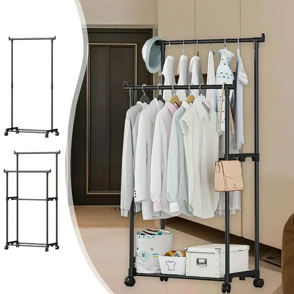 Double Rail Rolling Garment Rack – Heavy-Duty Free-Standing Clothes Drying Stand