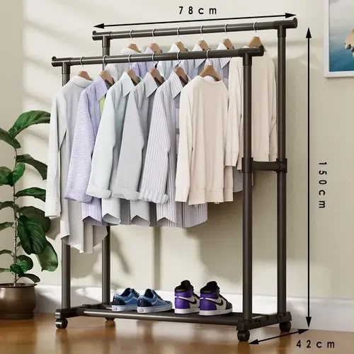 Double Rail Rolling Garment Rack – Heavy-Duty Free-Standing Clothes Drying Stand