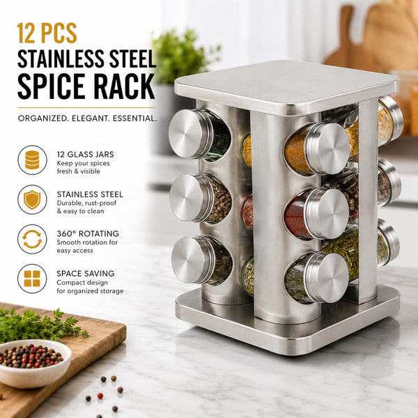 12-Piece Revolving Stainless Steel Spice Rack – 360° Rotating