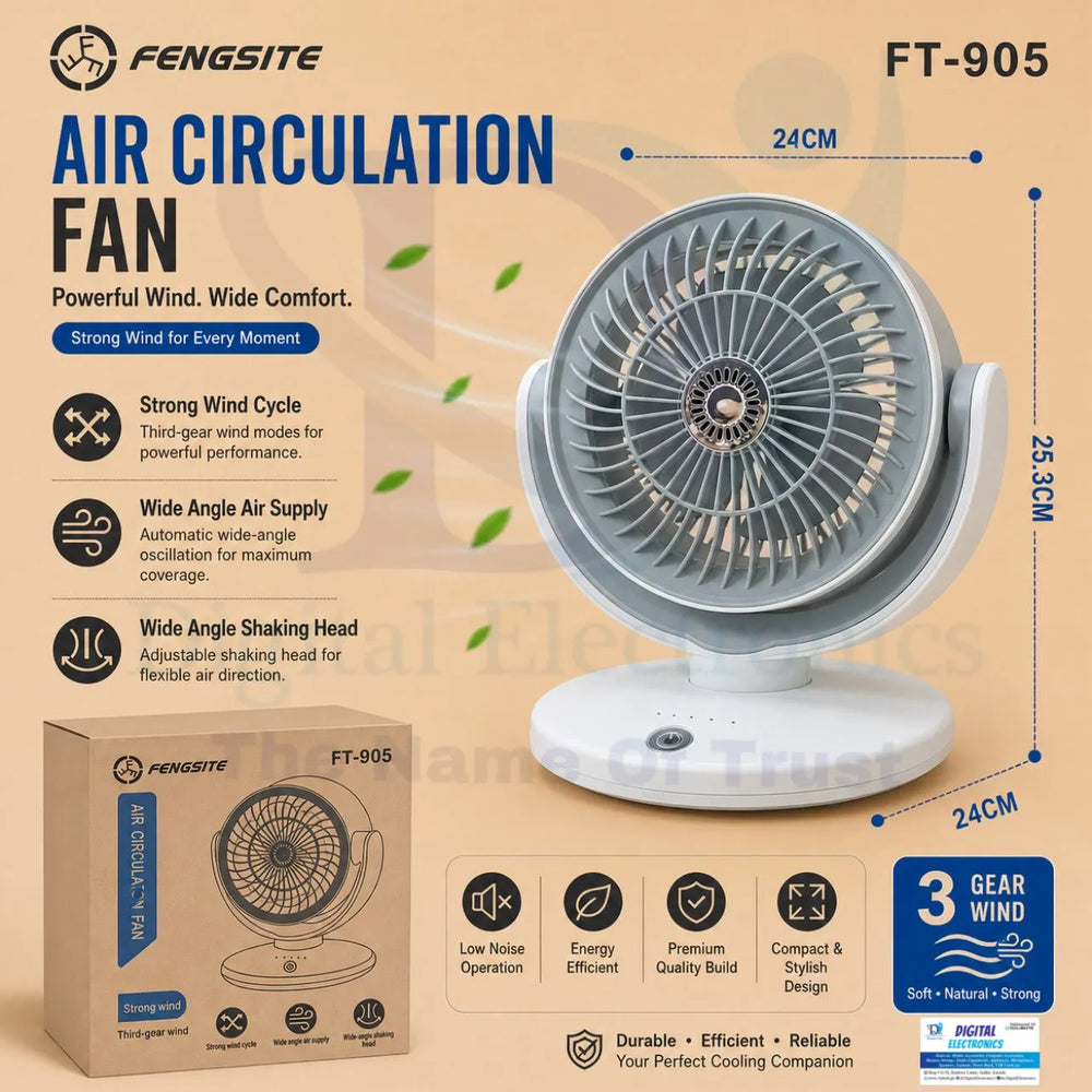 Compact Desktop Cooling Fan with 3-Speed Wind Cycle, Wide-Angle Oscillation, and Low-Noise