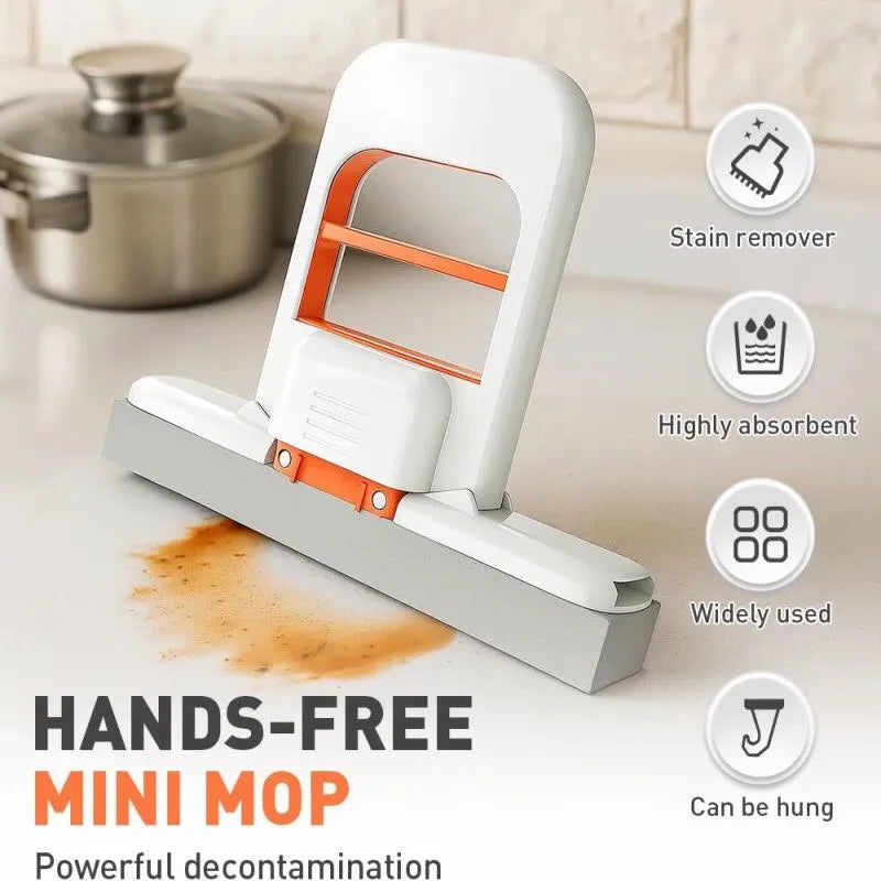 Portable Hands-Free Mini Mop – Self-Squeeze Short Handle Countertop Mop