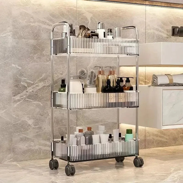 3-Tier Rolling Vanity Storage Cart – Acrylic-Style Clear Fluted Baskets, Mobile Makeup & Skincare