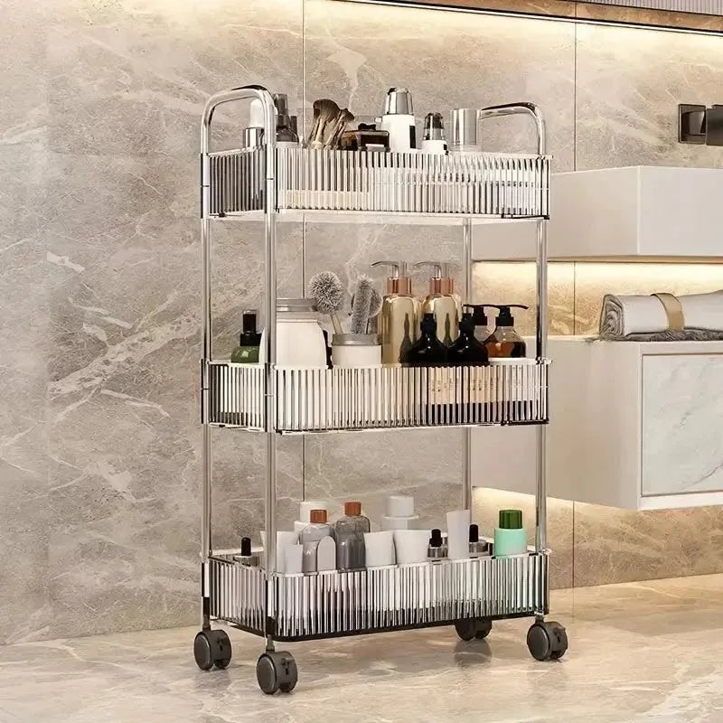 3-Tier Rolling Vanity Storage Cart – Acrylic-Style Clear Fluted Baskets, Mobile Makeup & Skincare