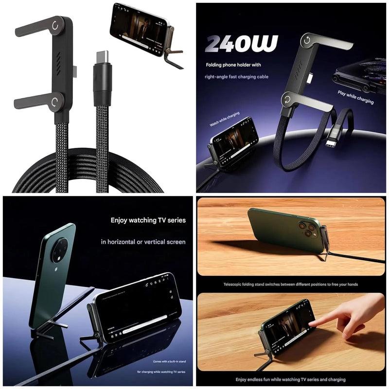 Ultra-Fast Charging USB-C Cable – Quick-Charge Elbow Adapter with Integrated Folding Phone Stand