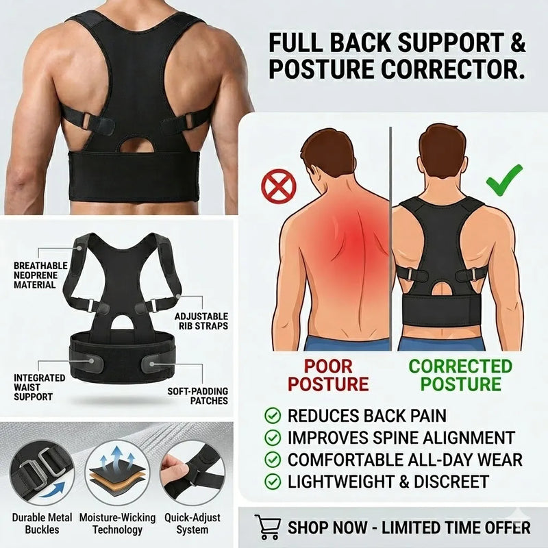 Adjustable Back Posture Corrector Belt – Heavy-Duty Lumbar Support Brace for Office, Fitness