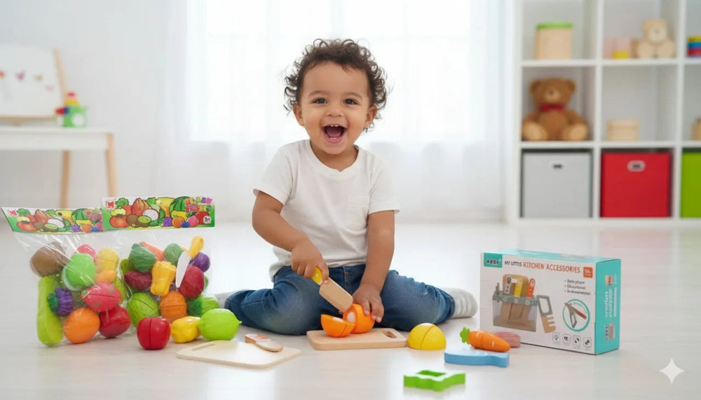 Little Kitchen Accessories + Colorful Fruit & Vegetable Cutting Toy (Pack 2)