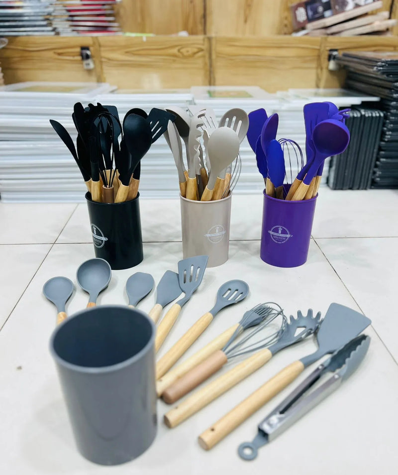 Premium 12-Piece Silicone Kitchen Utensil Set with Wooden Handles – Heat-Resistant