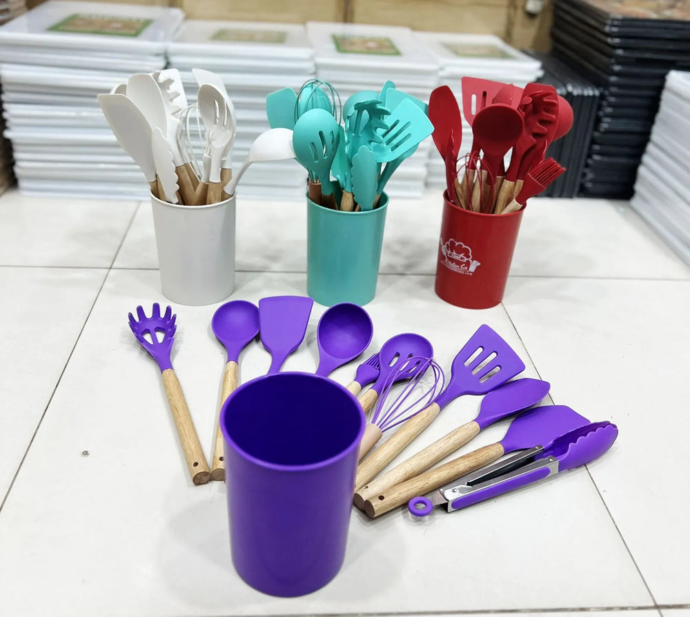 Premium 12-Piece Silicone Kitchen Utensil Set with Wooden Handles – Heat-Resistant