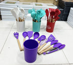 Premium 12-Piece Silicone Kitchen Utensil Set with Wooden Handles – Heat-Resistant
