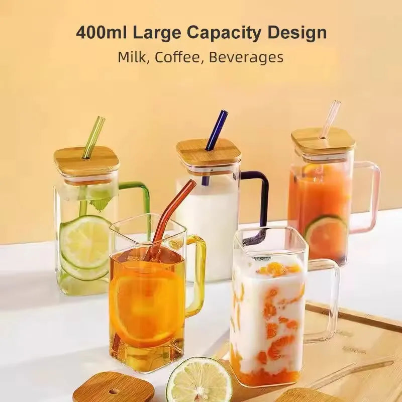 Square Glass Mug with Bamboo Lid & Straw  Clear Juice Tumbler with Colored Handle