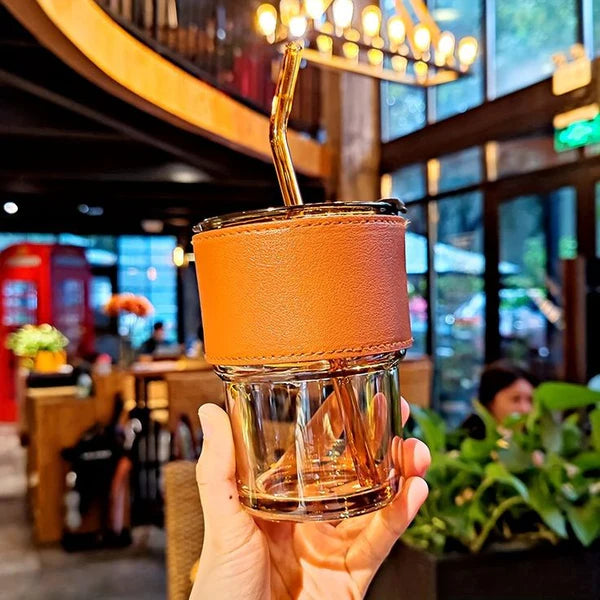 Aesthetic Amber Glass Coffee Mug with Premium Leather Sleeve & Glass Straw