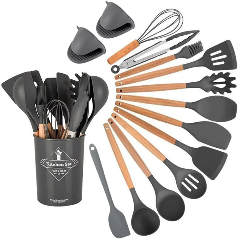 Premium 12-Piece Silicone Kitchen Utensil Set with Wooden Handles – Heat-Resistant