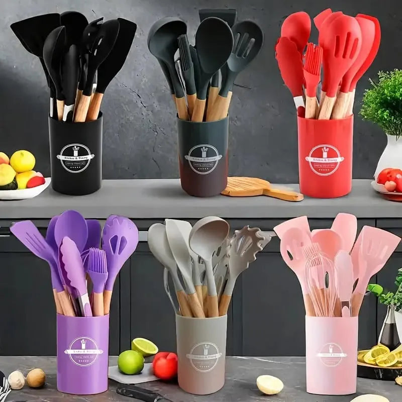 Premium 12-Piece Silicone Kitchen Utensil Set with Wooden Handles – Heat-Resistant