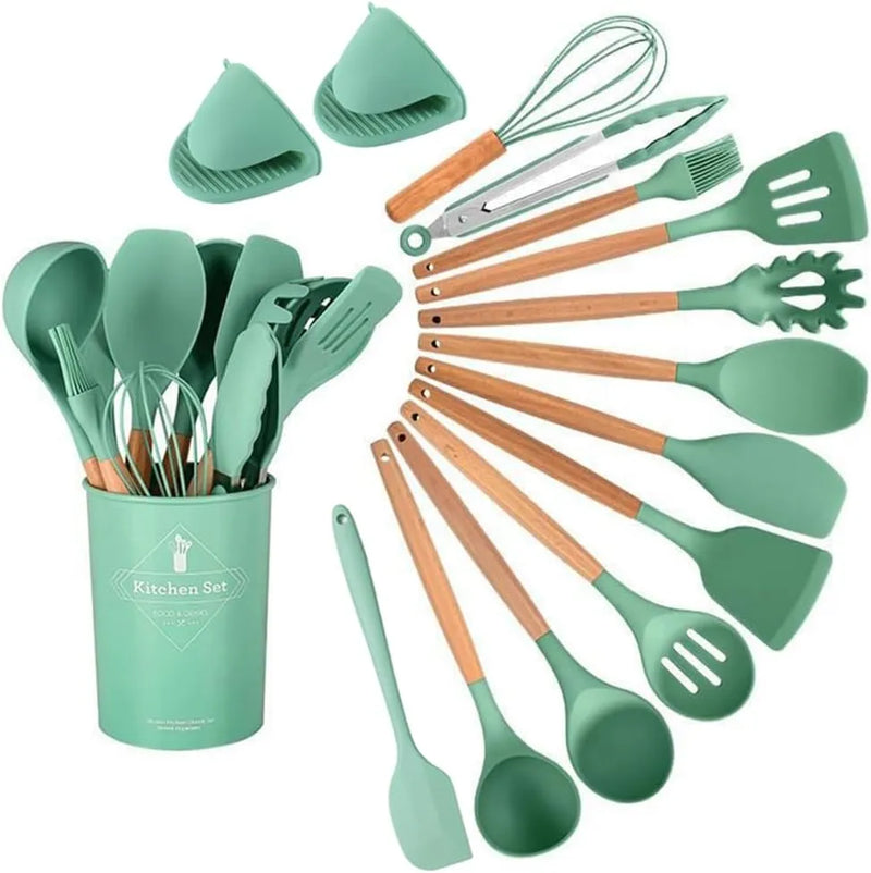 Premium 12-Piece Silicone Kitchen Utensil Set with Wooden Handles – Heat-Resistant