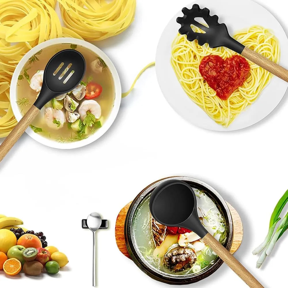 Premium 12-Piece Silicone Kitchen Utensil Set with Wooden Handles – Heat-Resistant