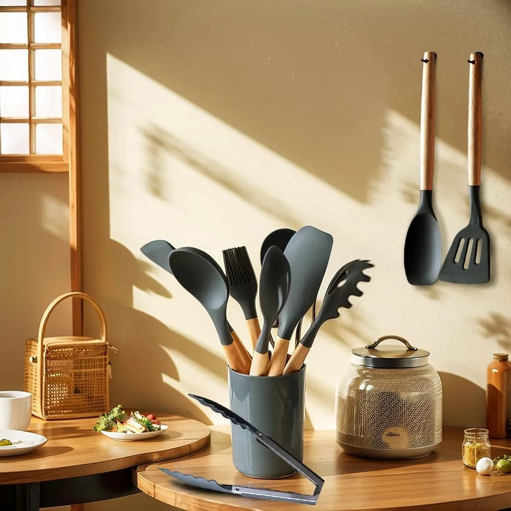 Premium 12-Piece Silicone Kitchen Utensil Set with Wooden Handles – Heat-Resistant