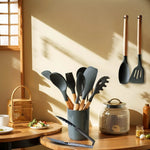 Premium 12-Piece Silicone Kitchen Utensil Set with Wooden Handles – Heat-Resistant