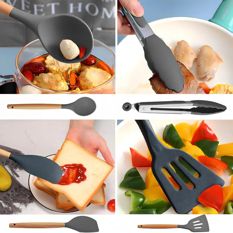 Premium 12-Piece Silicone Kitchen Utensil Set with Wooden Handles – Heat-Resistant