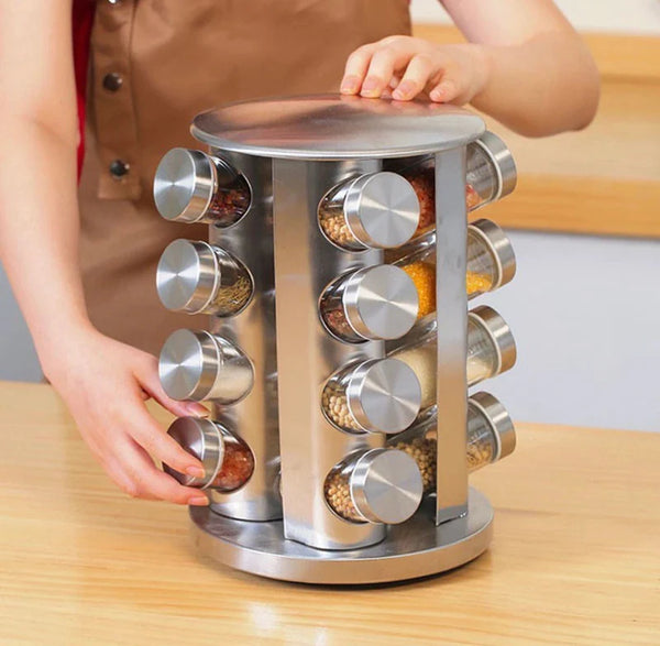 12-Piece Revolving Stainless Steel Spice Rack – 360° Rotating