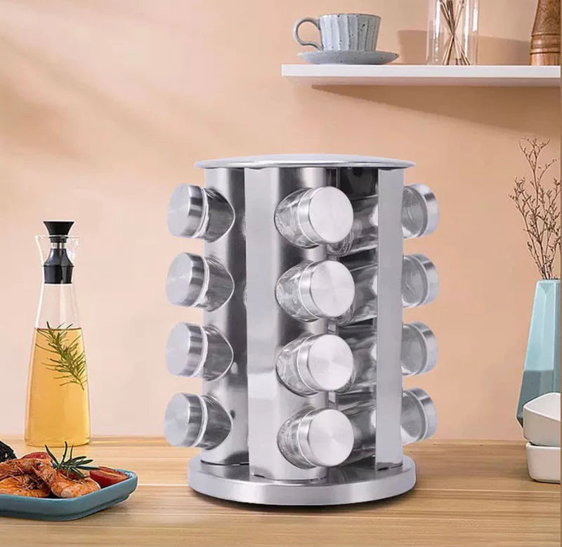 12-Piece Revolving Stainless Steel Spice Rack – 360° Rotating