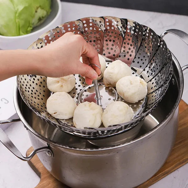 Stainless Steel Folding Steamer Basket – Expandable Veggie Colander & Fruit Tray