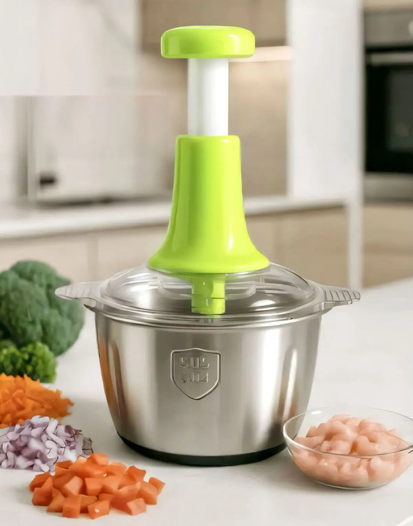 2.0L Stainless Steel Push Chopper – 4-Blade Meat & Veggie Mincer