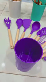 Premium 12-Piece Silicone Kitchen Utensil Set with Wooden Handles – Heat-Resistant